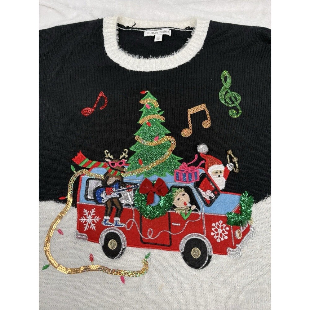 Ugly Christmas Sweater Unisex Sz XXL Santa Reindeer Music Truck Sequins Holiday